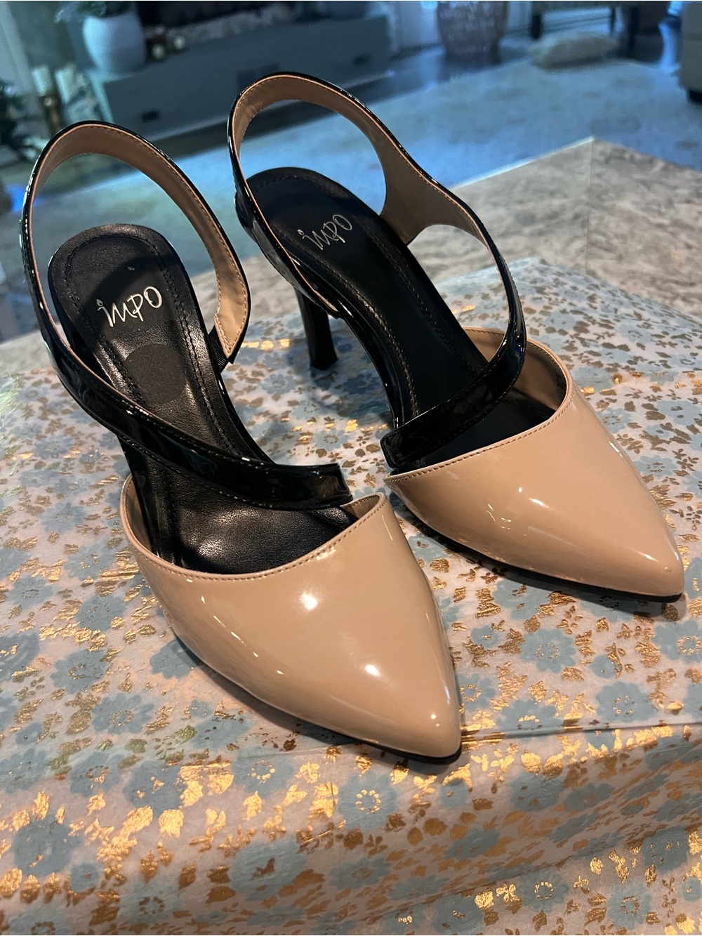 Impo Nude Patent Pointed-Toe Slingback Heels with Black Straps